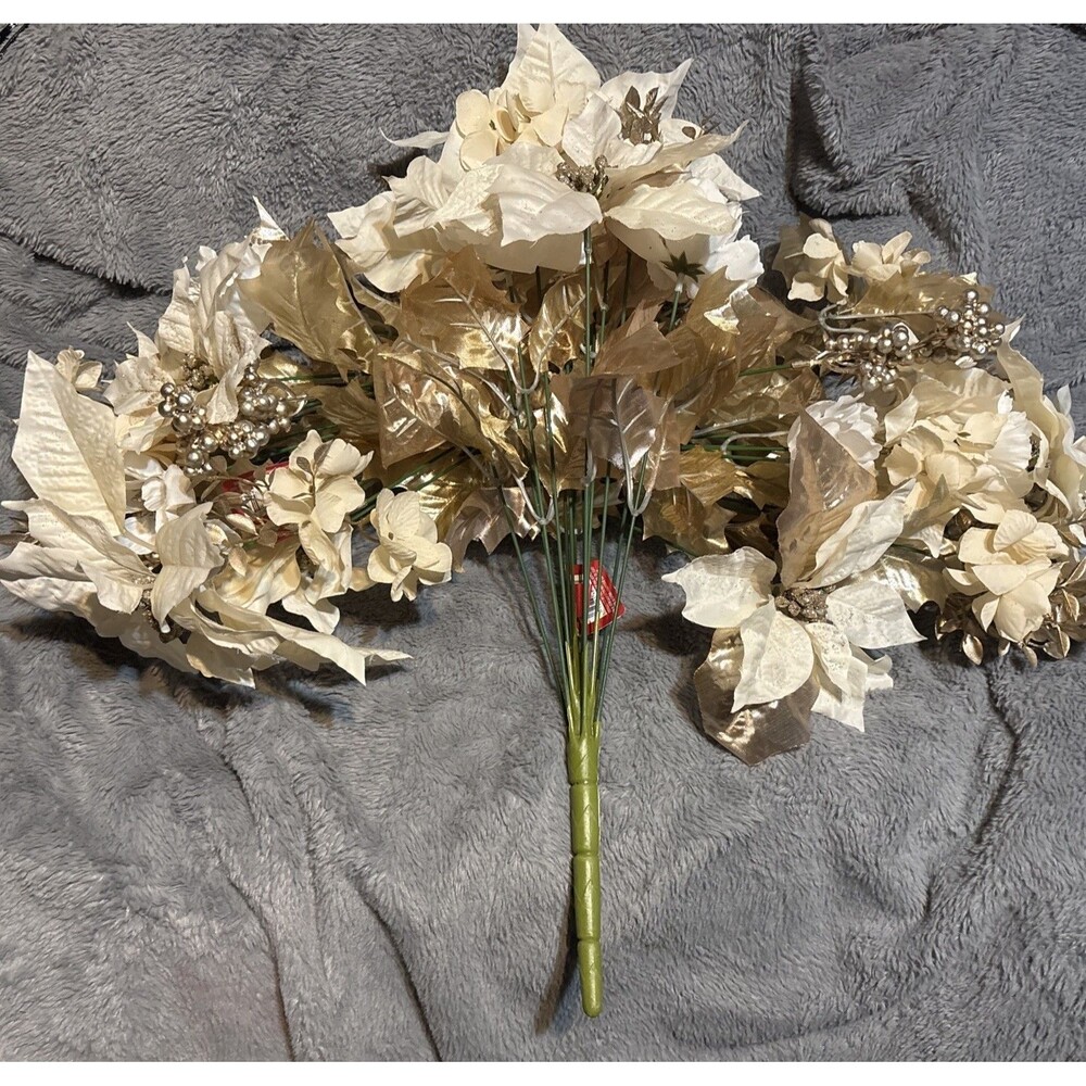 ASHLAND Ivory Gold Poinsettias Lot Of 3 Bunches Artificial Flowers Floral Crafts